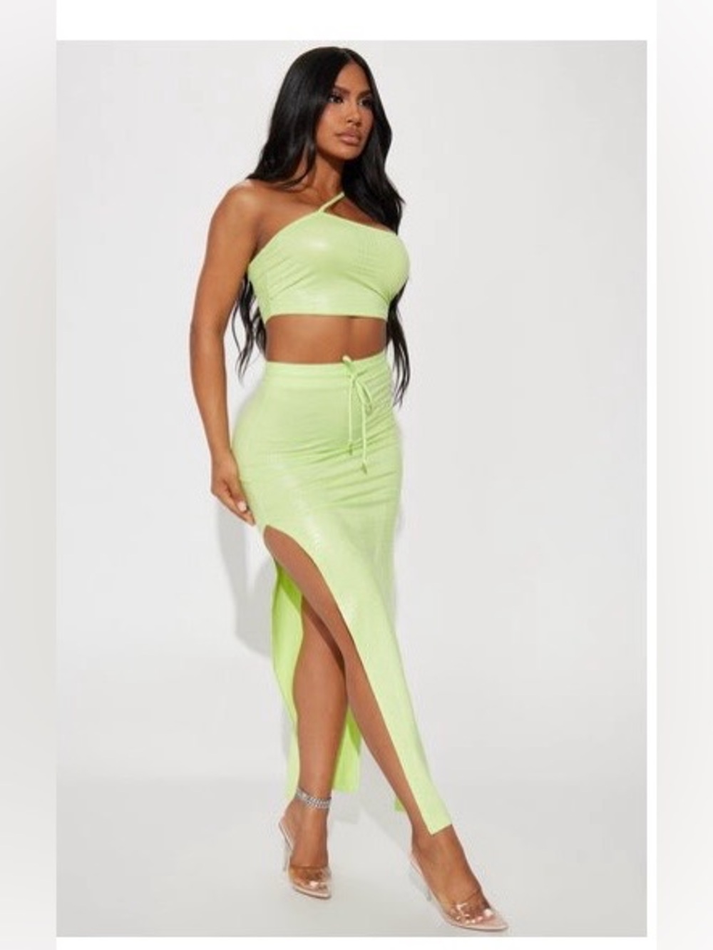 Fashion Nova Neon Lime Croc-Embossed Two-Piece Lounge Set